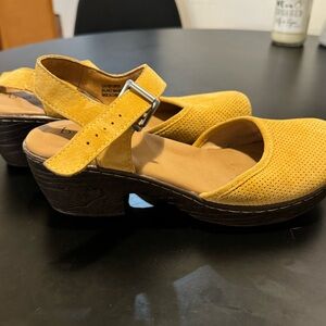 Gold suede clogs